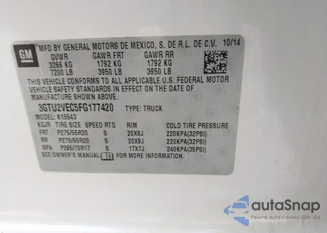2015 GMC Sierra 1500 Slt from USA, damaged, VIN 3GTU2VEC5FG177420